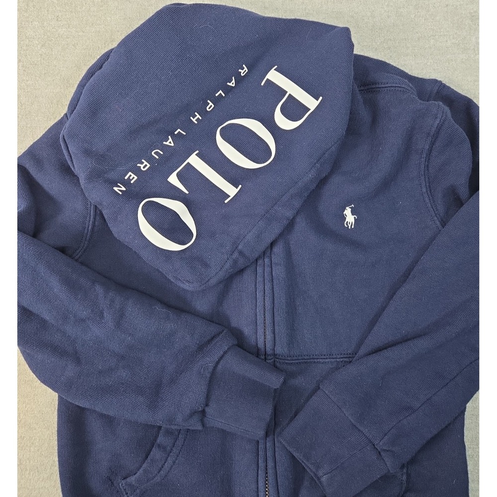 Polo Ralph Lauren Hoodie Boys 5 Full Zip Navy Blue Big Spellout Hood Logo Preppy